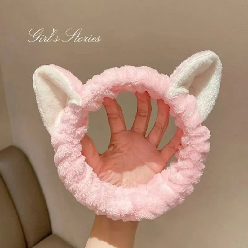 Cat Ear Plush Headband 🐱✨ | Cute Soft Coral Hair Bow Band for Women & Girls