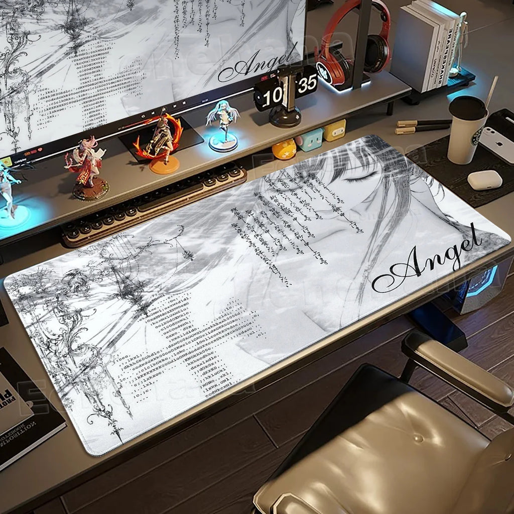 Angel Anime Large Gaming Mouse Pad 👼✨ | Black & White Extended PC Desk Mat for Gaming & Office