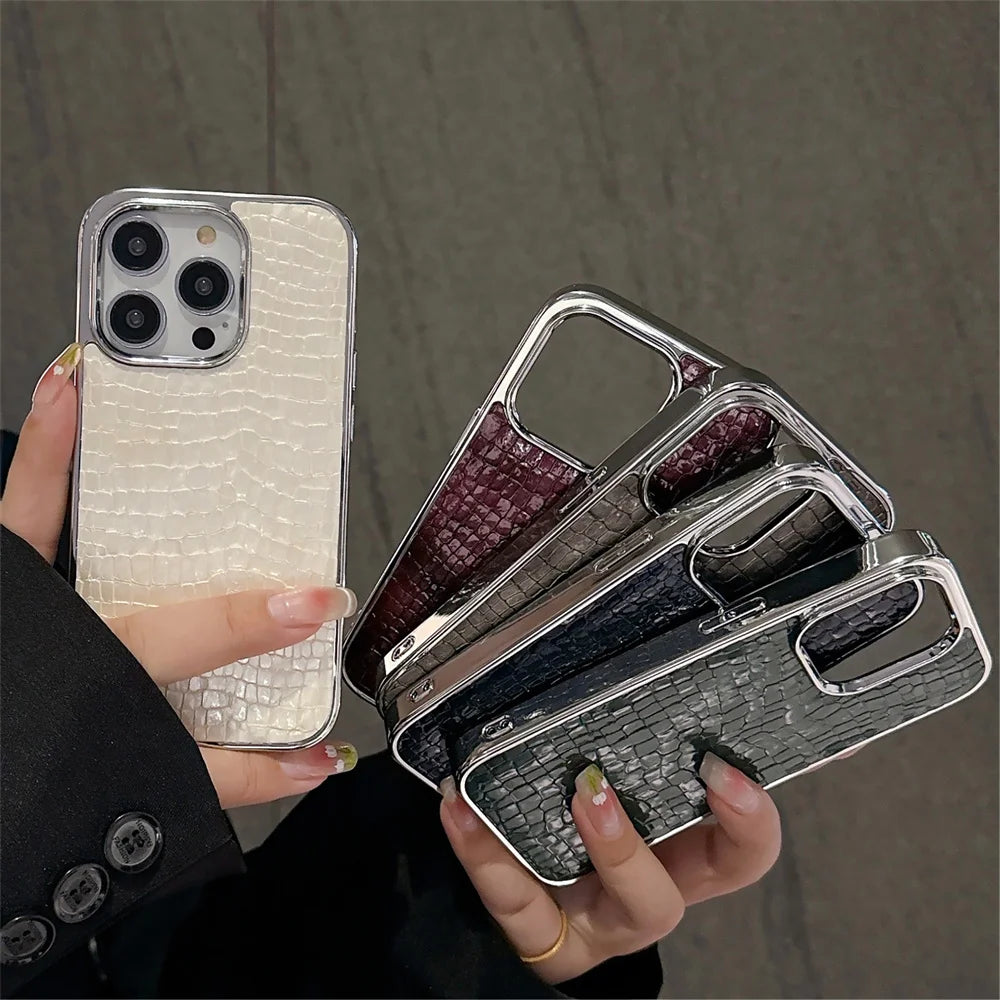 Luxury Glossy Crocodile Pattern Case For iPhone 18 17 Air 16 15 14 13 12 Pro Max Plus Plating Cool Armor Shockproof Bright Cover
