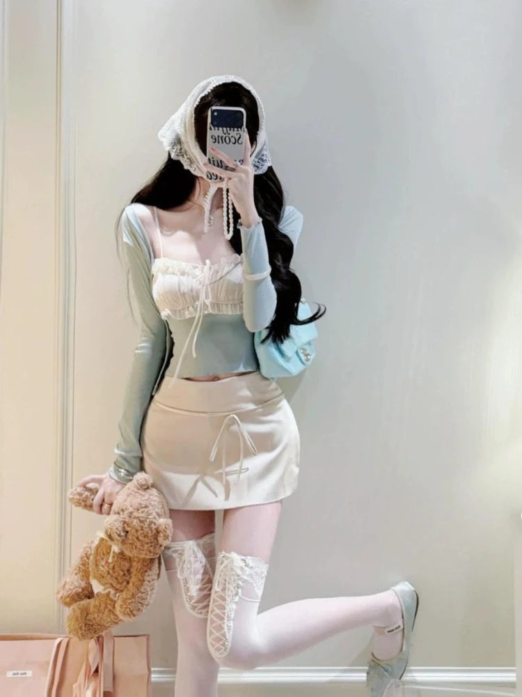 Coquette Korean Chic 2 Piece Top Set Women Ruched Spaghetti Strap Cropped Top + Solid Cardigan Slim Fit Lace Party Daily Clothes