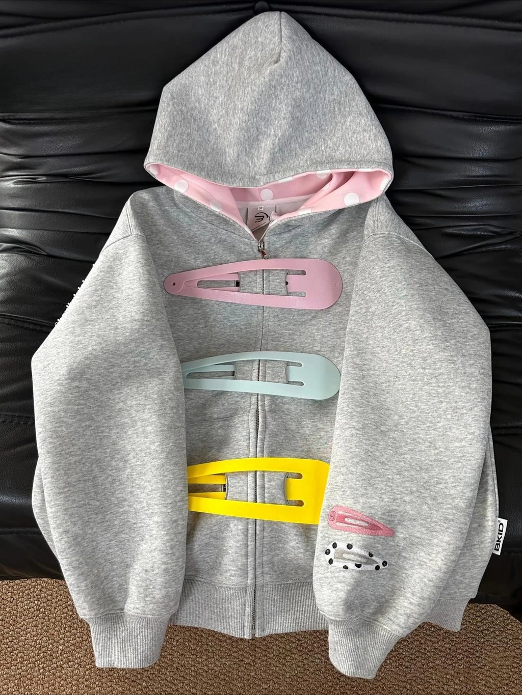 American Fun Detachable Hairpin Sweatshirt Sweet Retro Zipper Jacket Polka Dot Splicing Hooded Sweatshirt Punk Sweatshirt Jacket