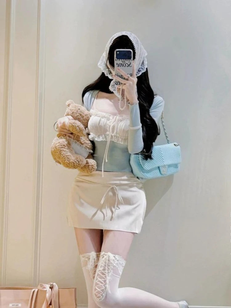 Coquette Korean Chic 2 Piece Top Set Women Ruched Spaghetti Strap Cropped Top + Solid Cardigan Slim Fit Lace Party Daily Clothes