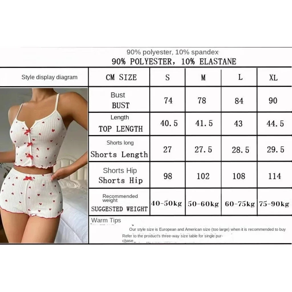 Heart Print Satin Pajama Set 💕🌙 | Women's V-Neck Silk Cami Top & Shorts Sleepwear Loungewear