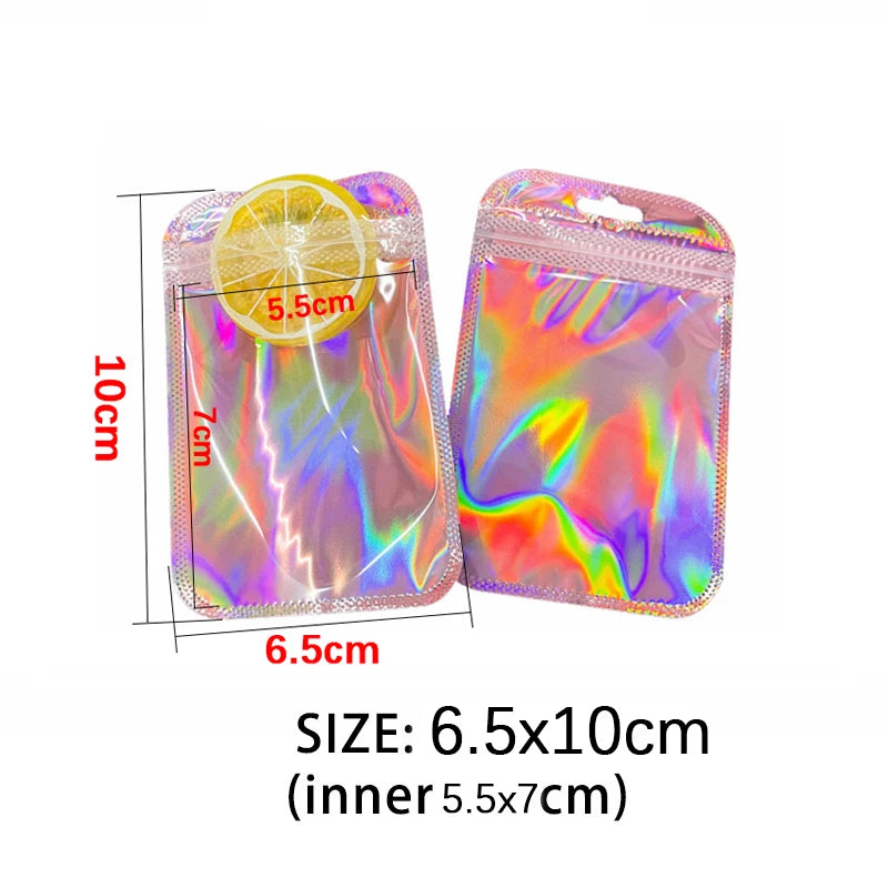 50pcs Iridescent Self Sealing Bags Pink Laser Plastic Pouches Resealable Zip Lock Packaging for Jewelry Display Retail Bags