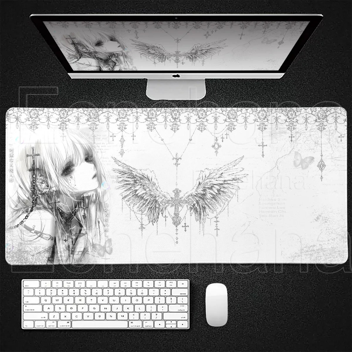 Angel Anime Large Gaming Mouse Pad 👼✨ | Black & White Extended PC Desk Mat for Gaming & Office