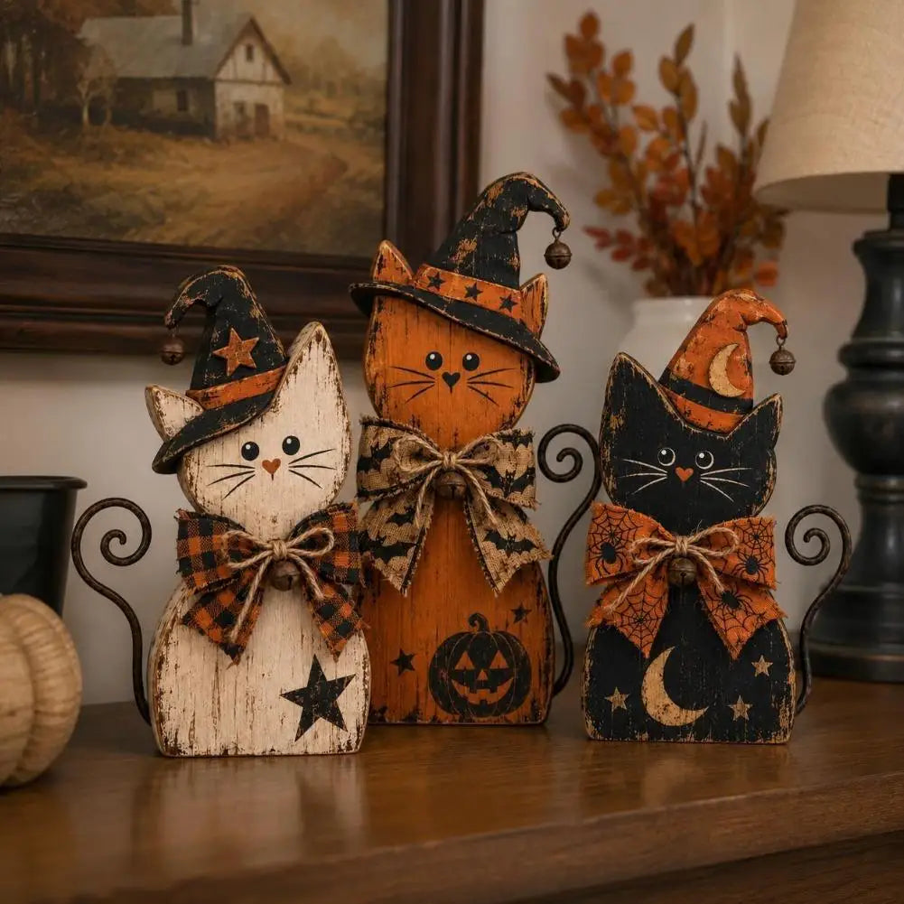 Halloween Wooden Ornaments Pumpkin Ghost Black Cat Halloween Decor Witch Hat Distressed Wood Figurine Tabletop Holiday Ornament