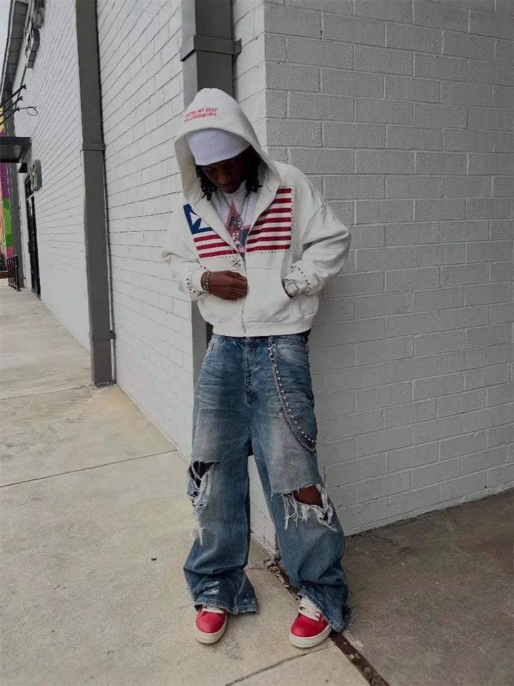 Flag Harajuku Zip-Up Hoodie 🏁✨ | Y2K Loose Color Block Men's Sweatshirt