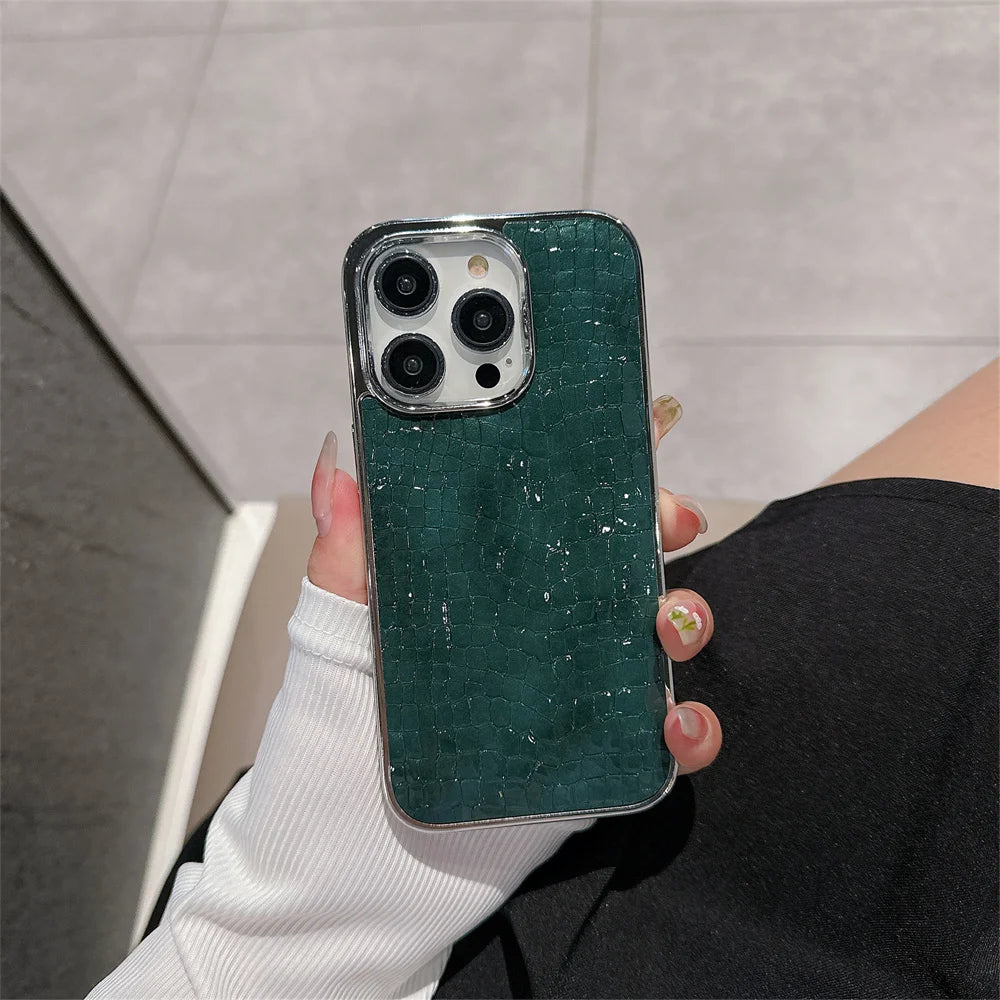 Luxury Glossy Crocodile Pattern Case For iPhone 18 17 Air 16 15 14 13 12 Pro Max Plus Plating Cool Armor Shockproof Bright Cover