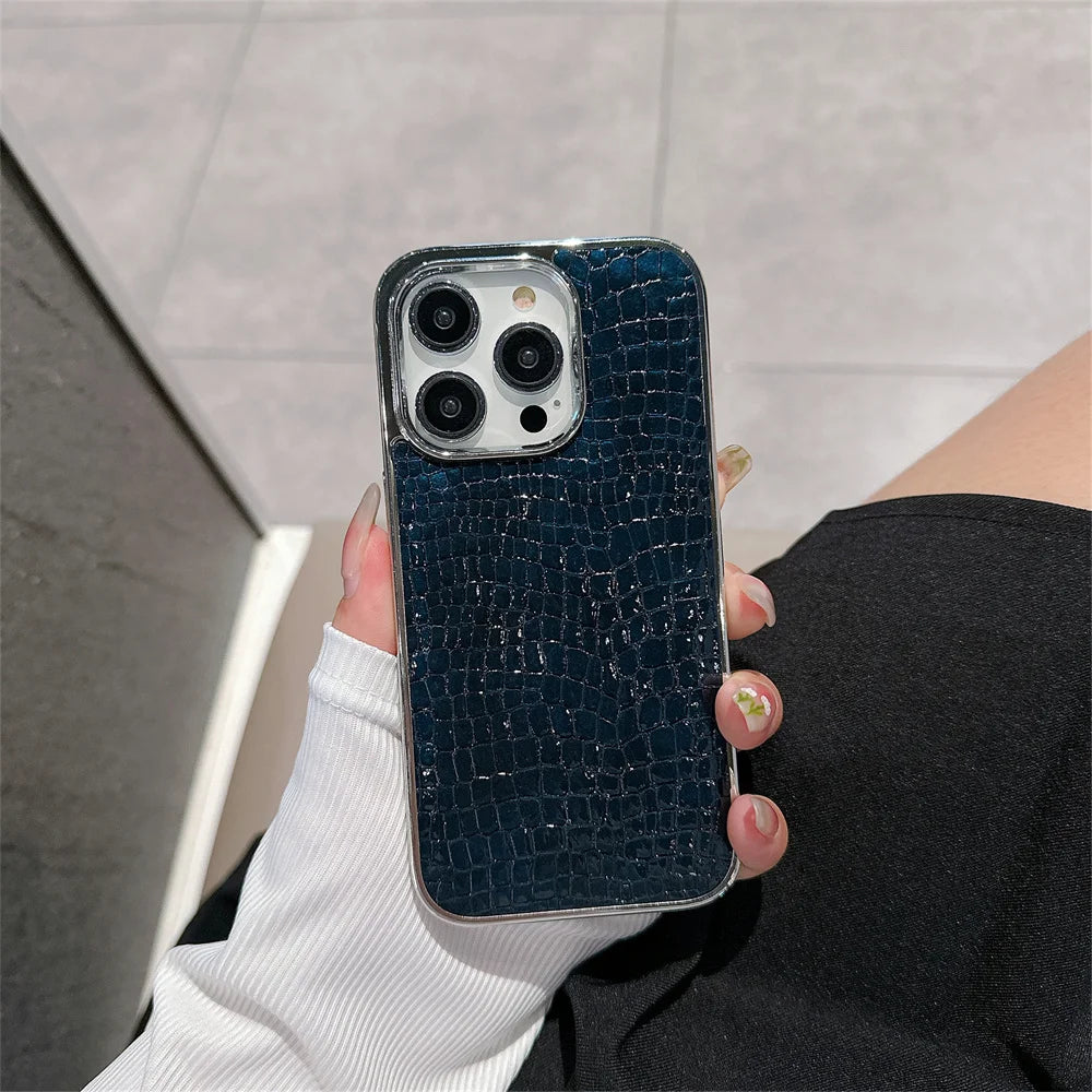 Luxury Glossy Crocodile Pattern Case For iPhone 18 17 Air 16 15 14 13 12 Pro Max Plus Plating Cool Armor Shockproof Bright Cover