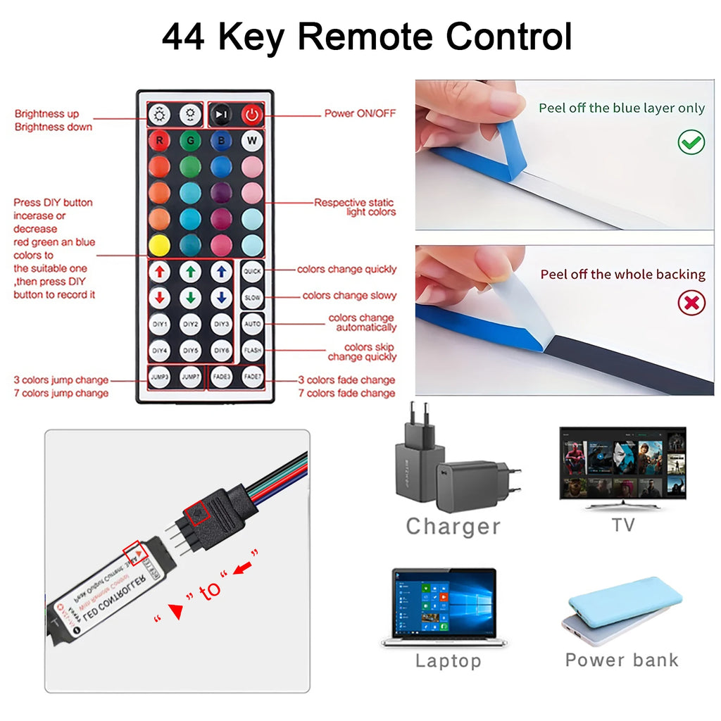RGB LED Strip Lights with Remote 🎨💡 | 1m–20m Color-Changing Tape Light for Bedroom, TV & Room Decor