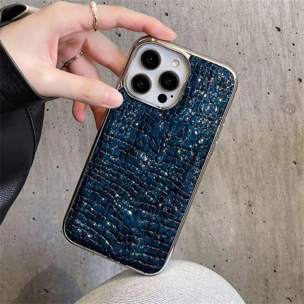 Luxury Glossy Crocodile Pattern Case For iPhone 18 17 Air 16 15 14 13 12 Pro Max Plus Plating Cool Armor Shockproof Bright Cover