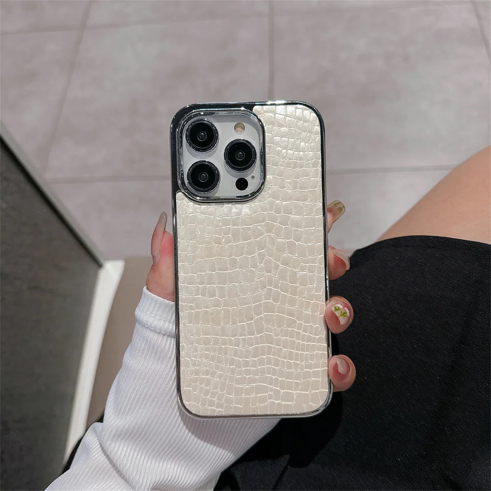 Luxury Glossy Crocodile Pattern Case For iPhone 18 17 Air 16 15 14 13 12 Pro Max Plus Plating Cool Armor Shockproof Bright Cover
