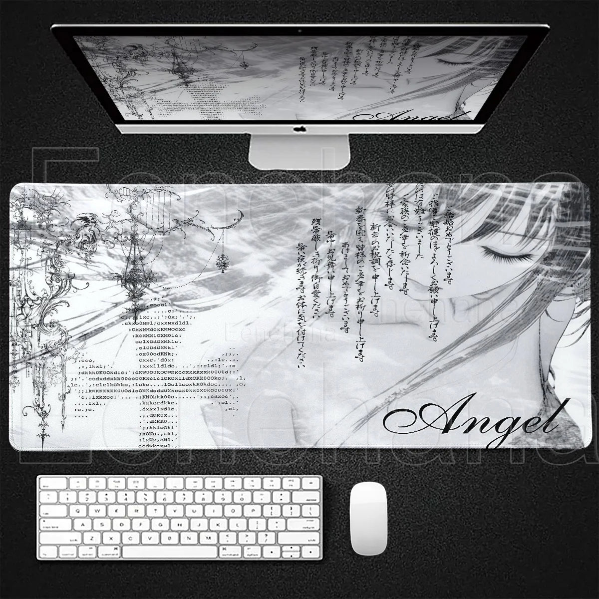 Angel Anime Large Gaming Mouse Pad 👼✨ | Black & White Extended PC Desk Mat for Gaming & Office