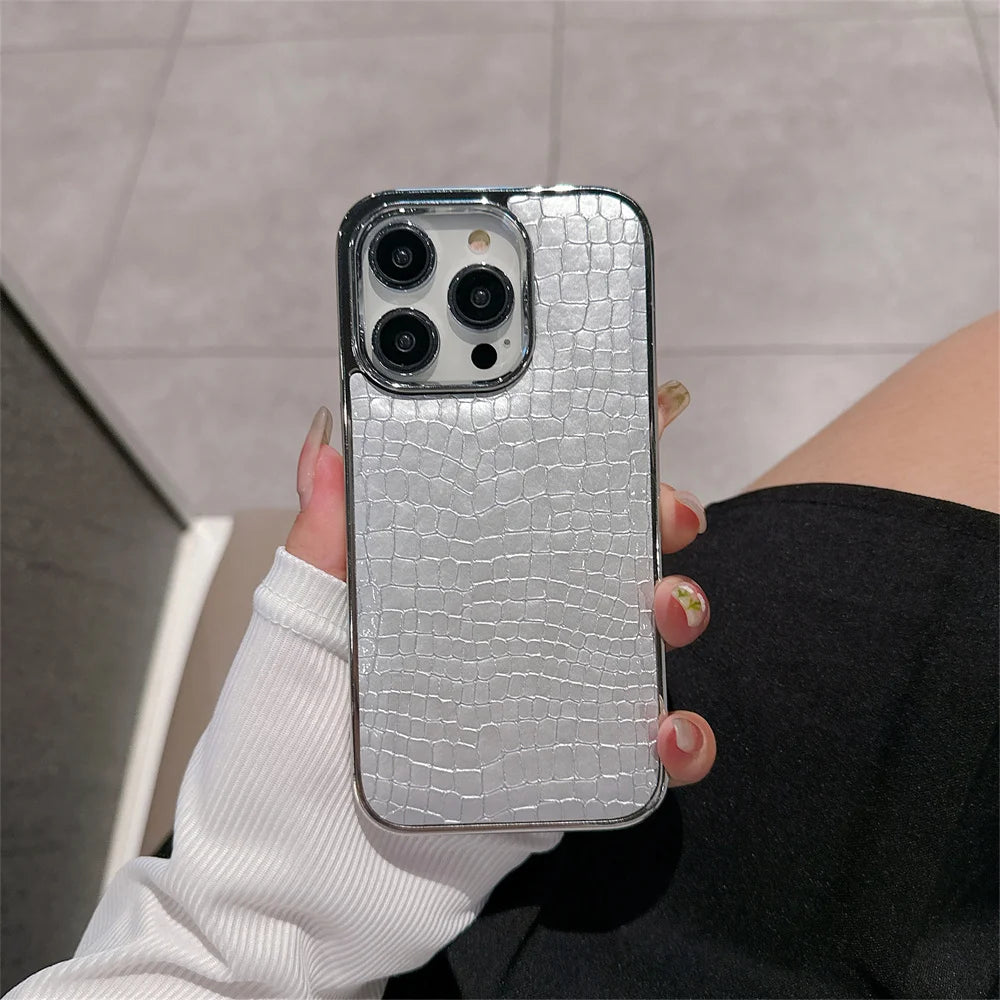 Luxury Glossy Crocodile Pattern Case For iPhone 18 17 Air 16 15 14 13 12 Pro Max Plus Plating Cool Armor Shockproof Bright Cover
