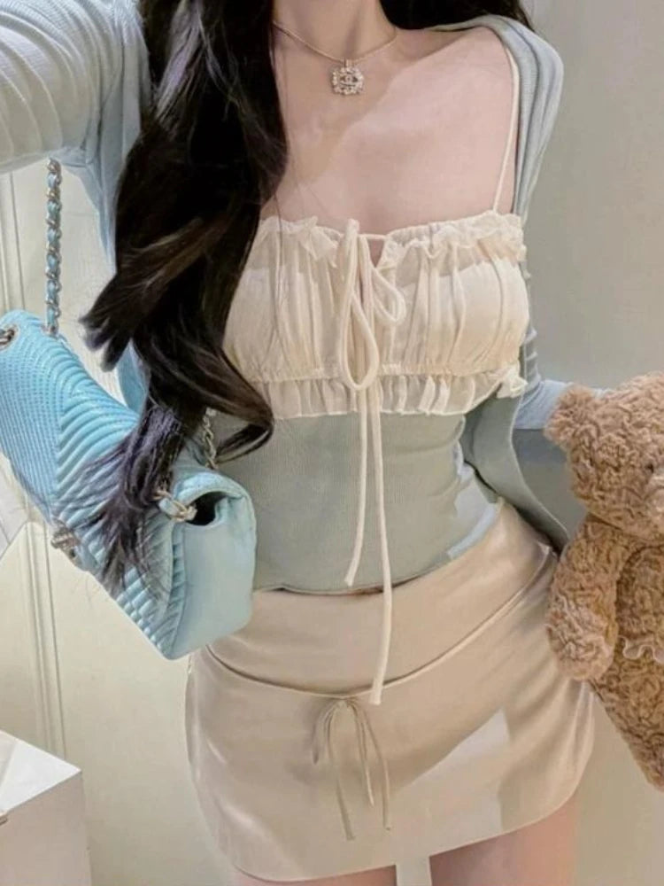 Coquette Korean Chic 2 Piece Top Set Women Ruched Spaghetti Strap Cropped Top + Solid Cardigan Slim Fit Lace Party Daily Clothes