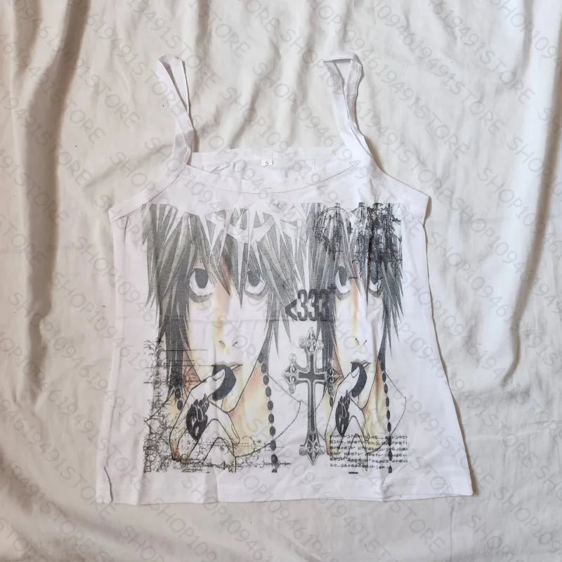 Y2K Graphic Crop Camisole Tank Top 💀✨ | Vintage Grunge Gothic Punk Baby Tee for Women