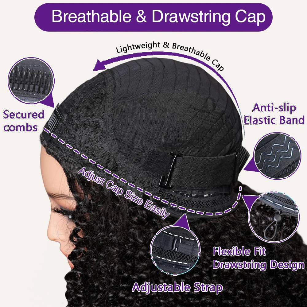 32 Inch Natural Black Curly Brazilian Remy Human Hair 3 In 1 Half Wig 200% Density No Leave Out Full Machine Made Seamless Clips Adjustable Drawstring Soft Bouncy Minimal Shedding Heat Resistant Wigs For Black Women