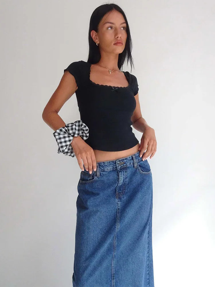 Y2K Milkmaid Lace Trim Crop Tee 🦸 | Square Neck Knit Baby Tee for Women