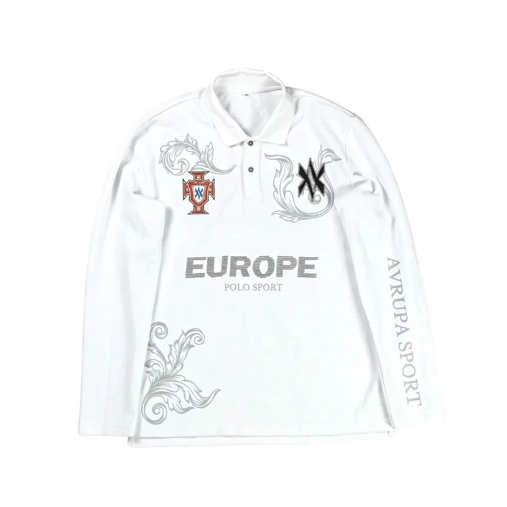 Retro Long Sleeve Polo Shirt Y2k Casual Loose Letter Pattern
