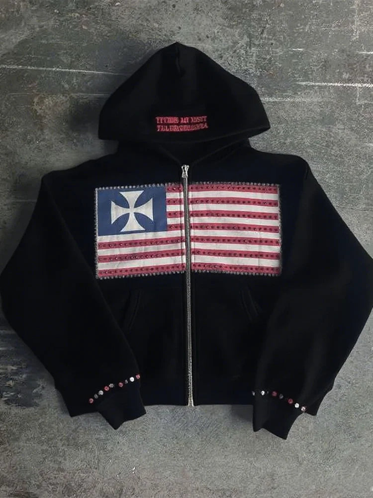 Flag Harajuku Zip-Up Hoodie 🏁✨ | Y2K Loose Color Block Men's Sweatshirt