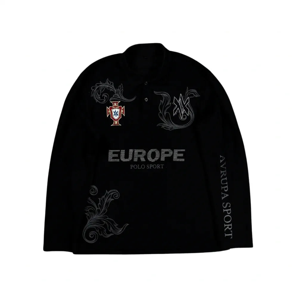 Retro Long Sleeve Polo Shirt Y2k Casual Loose Letter Pattern