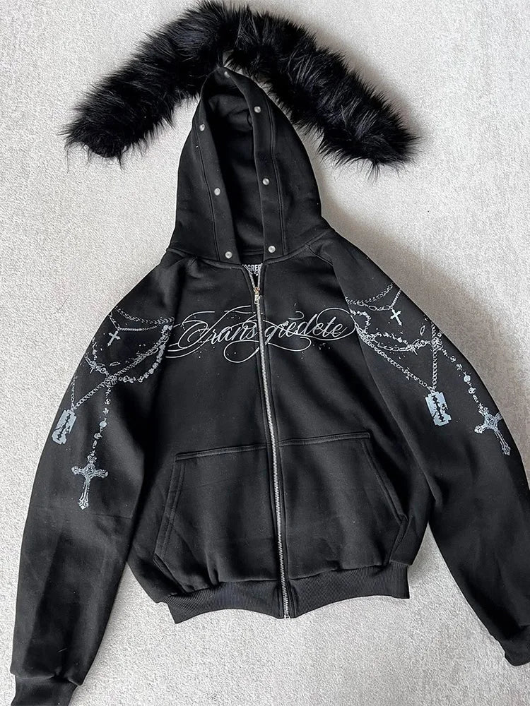 Winter Fashion Streetwear Women's Gothic Punk Faux Fur Hooded Jacket