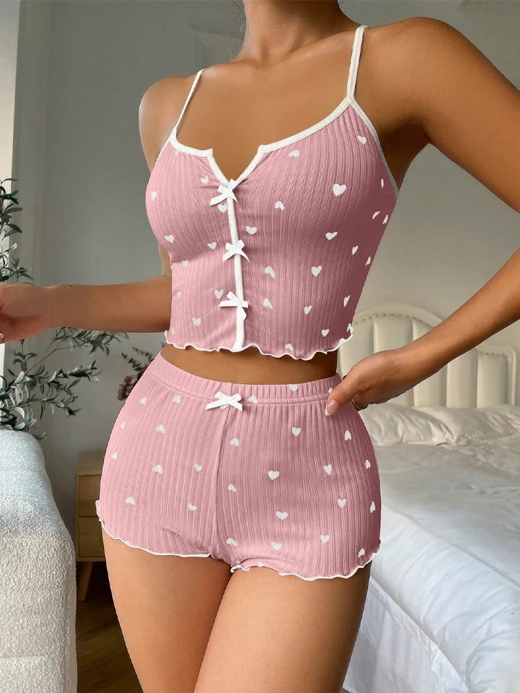 Heart Print Satin Pajama Set 💕🌙 | Women's V-Neck Silk Cami Top & Shorts Sleepwear Loungewear