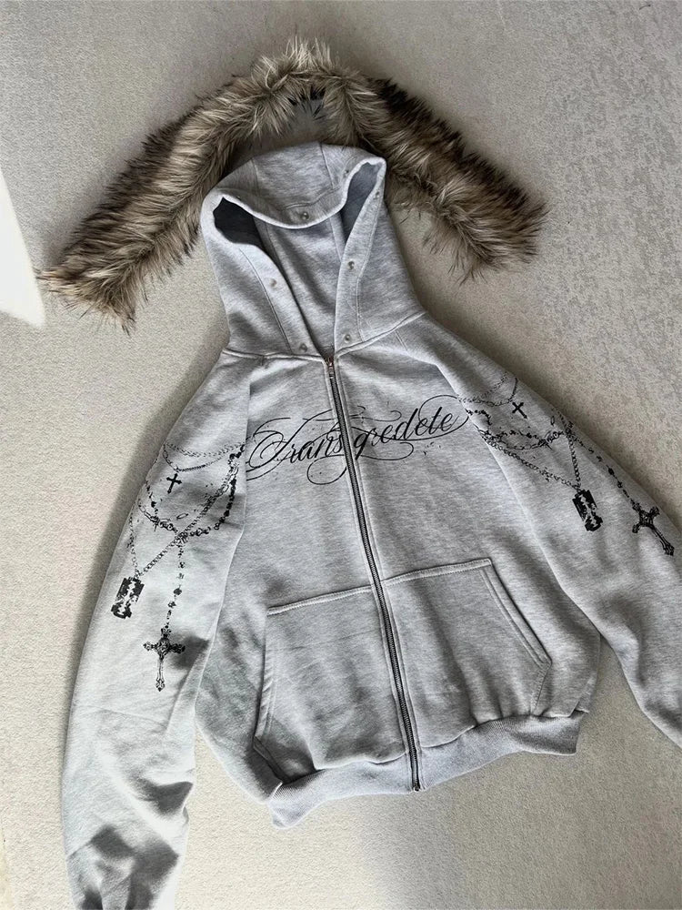 Winter Fashion Streetwear Women's Gothic Punk Faux Fur Hooded Jacket