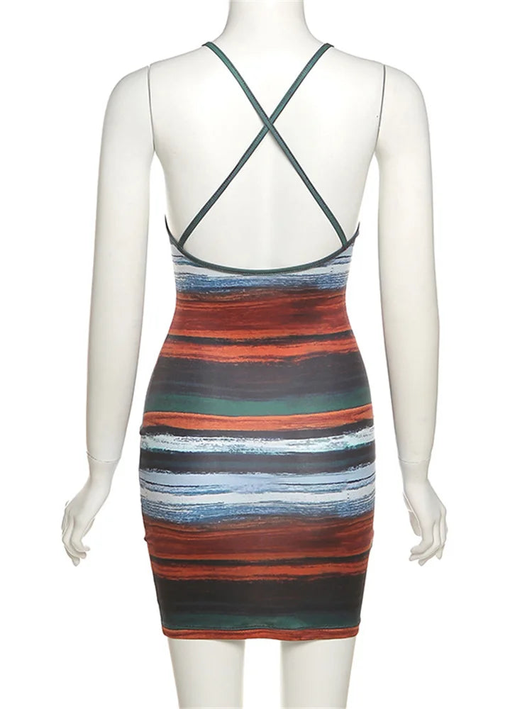 Panelled Striped Mini Camisole Dress 🔥✨ | Sexy Backless Slim Fit Clubwear Dress for Women