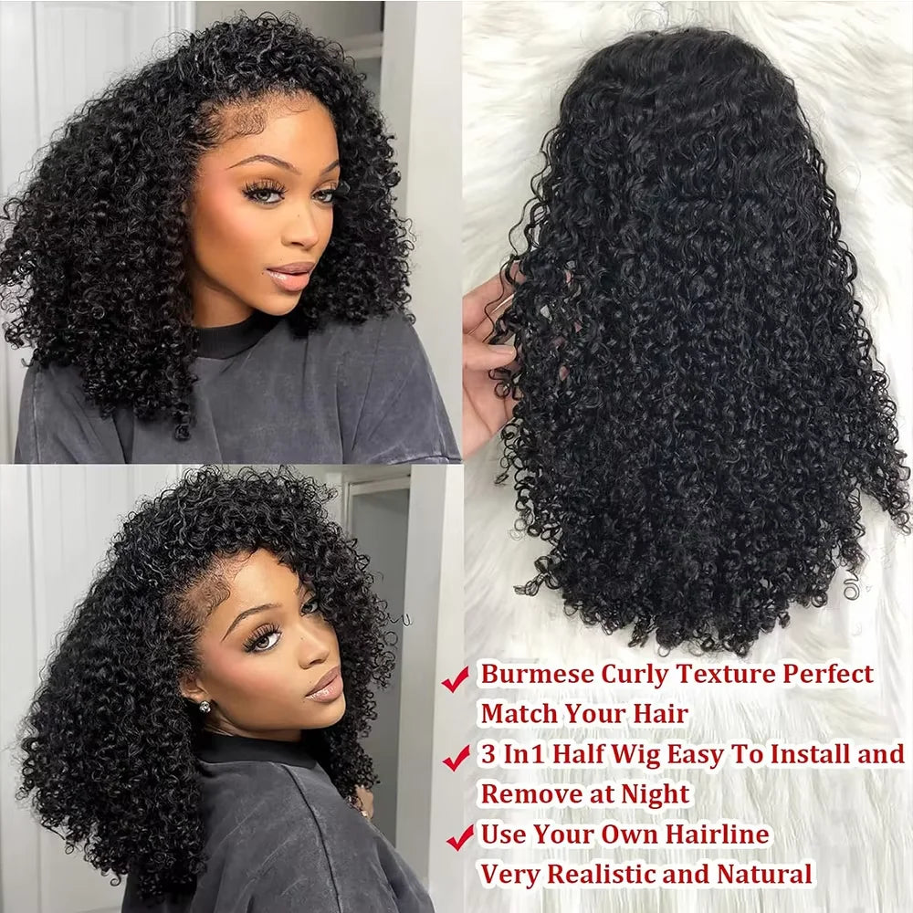 32 Inch Natural Black Curly Brazilian Remy Human Hair 3 In 1 Half Wig 200% Density No Leave Out Full Machine Made Seamless Clips Adjustable Drawstring Soft Bouncy Minimal Shedding Heat Resistant Wigs For Black Women