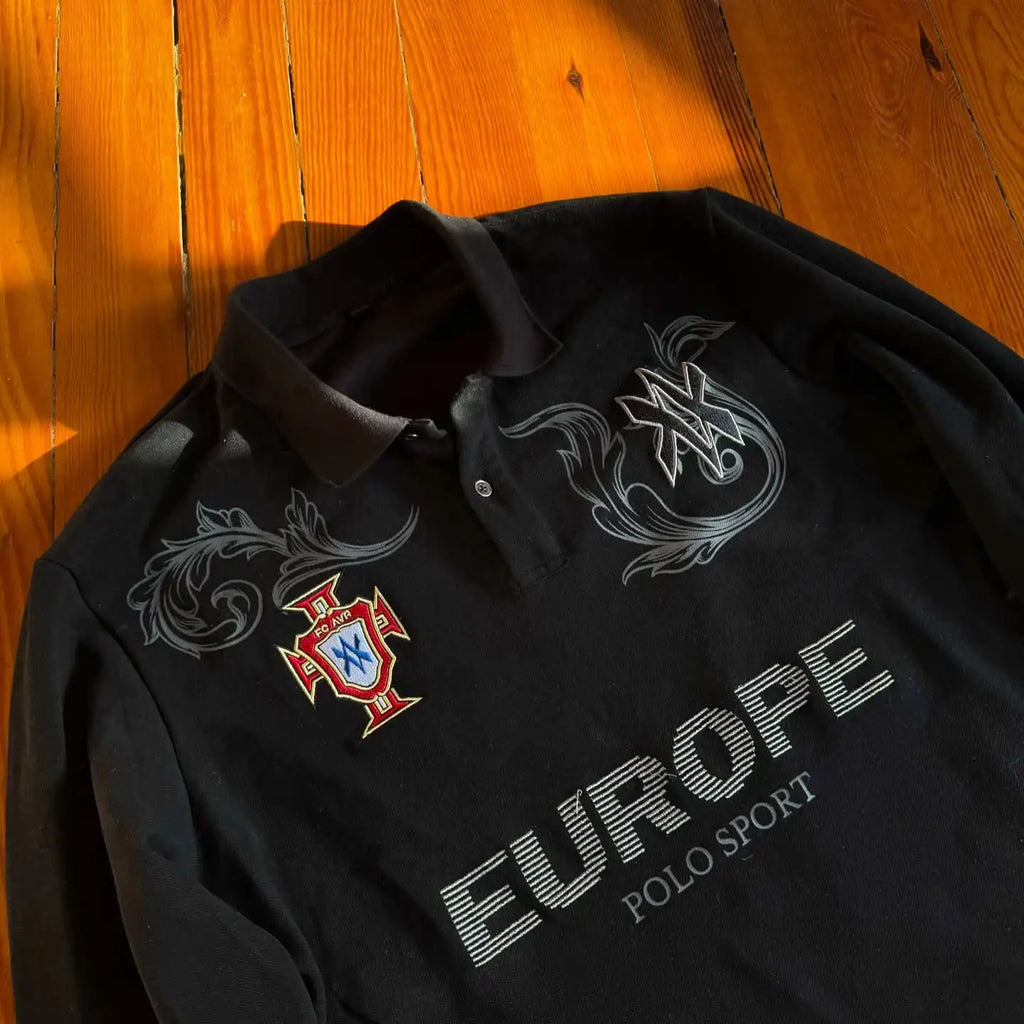 Retro Long Sleeve Polo Shirt Y2k Casual Loose Letter Pattern