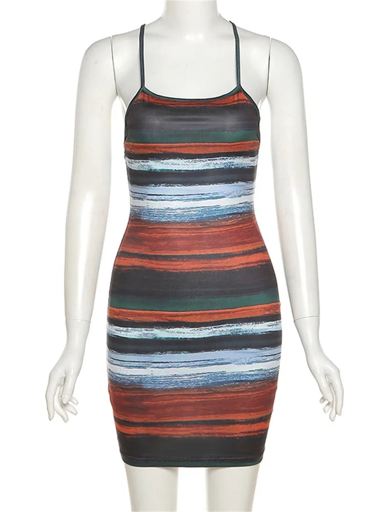 Panelled Striped Mini Camisole Dress 🔥✨ | Sexy Backless Slim Fit Clubwear Dress for Women