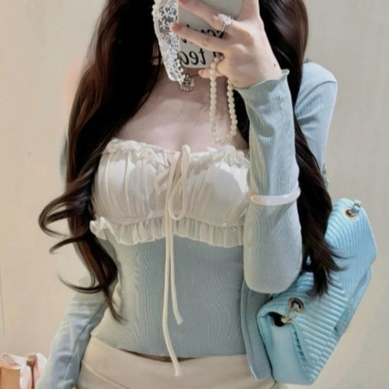 Coquette Korean Chic 2 Piece Top Set Women Ruched Spaghetti Strap Cropped Top + Solid Cardigan Slim Fit Lace Party Daily Clothes