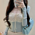 Coquette Korean Chic 2 Piece Top Set Women Ruched Spaghetti Strap Cropped Top + Solid Cardigan Slim Fit Lace Party Daily Clothes