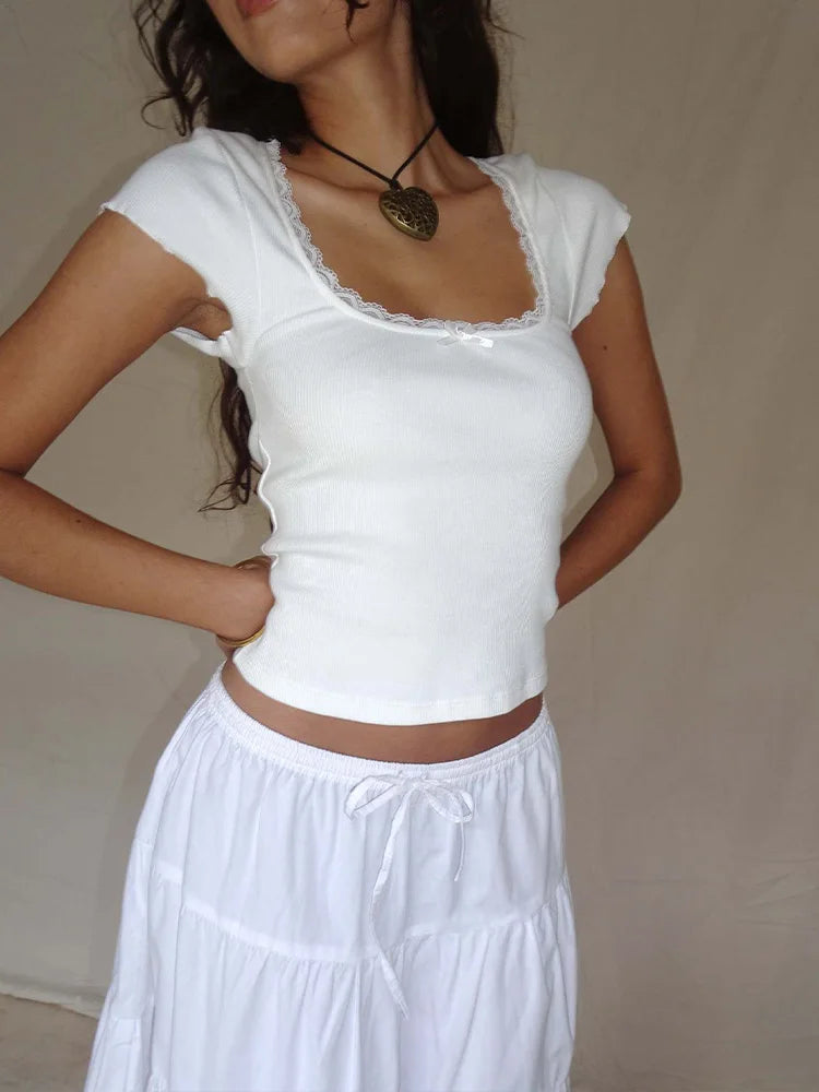 Y2K Milkmaid Lace Trim Crop Tee 🦸 | Square Neck Knit Baby Tee for Women