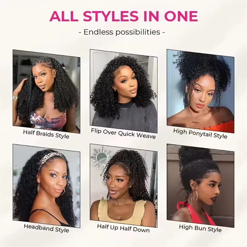 32 Inch Natural Black Curly Brazilian Remy Human Hair 3 In 1 Half Wig 200% Density No Leave Out Full Machine Made Seamless Clips Adjustable Drawstring Soft Bouncy Minimal Shedding Heat Resistant Wigs For Black Women