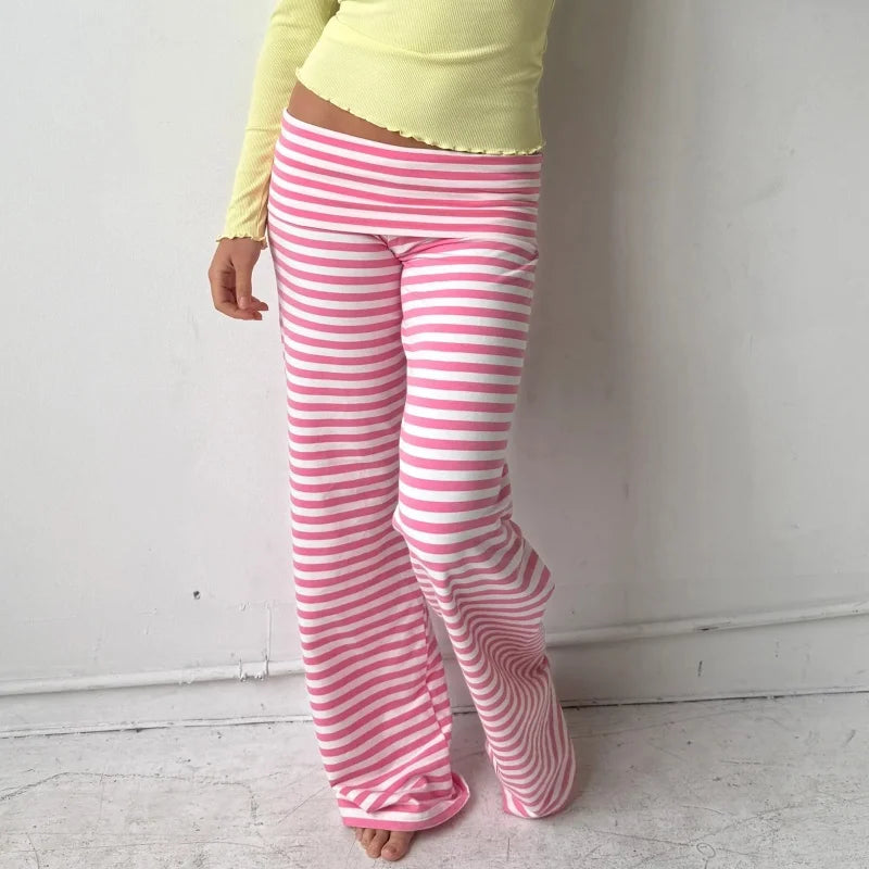 Womens Casual Pajama Pants Striped Low Waisted Lounge Pants Elastic Waist Drawstring Long Trousers
