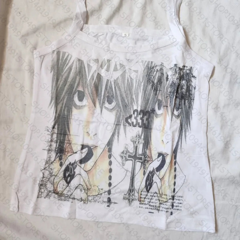 Y2K Graphic Crop Camisole Tank Top 💀✨ | Vintage Grunge Gothic Punk Baby Tee for Women