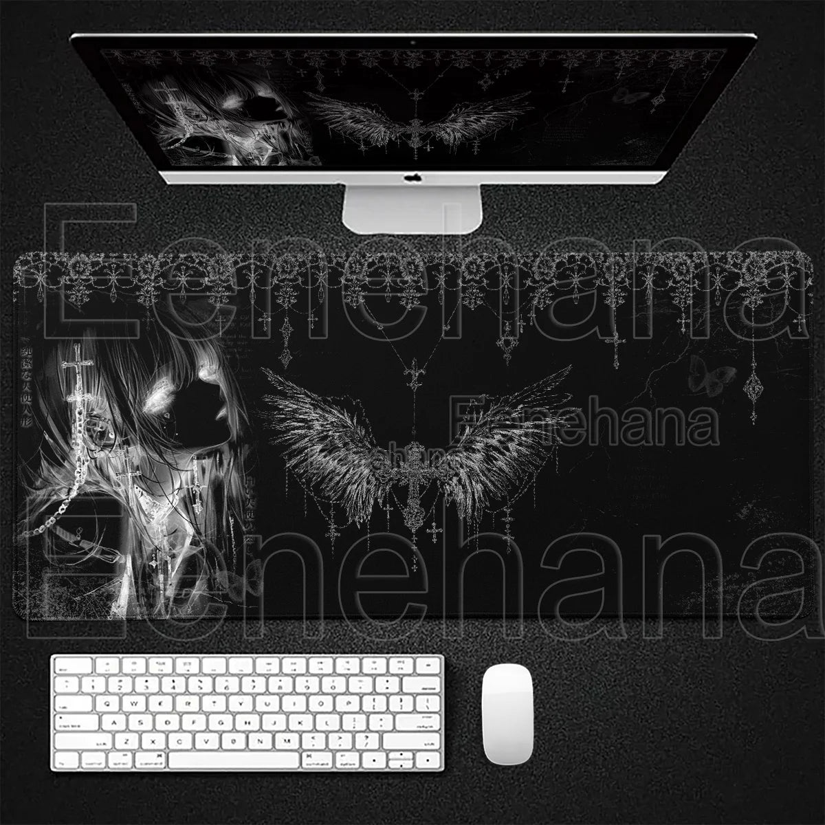 Angel Anime Large Gaming Mouse Pad 👼✨ | Black & White Extended PC Desk Mat for Gaming & Office