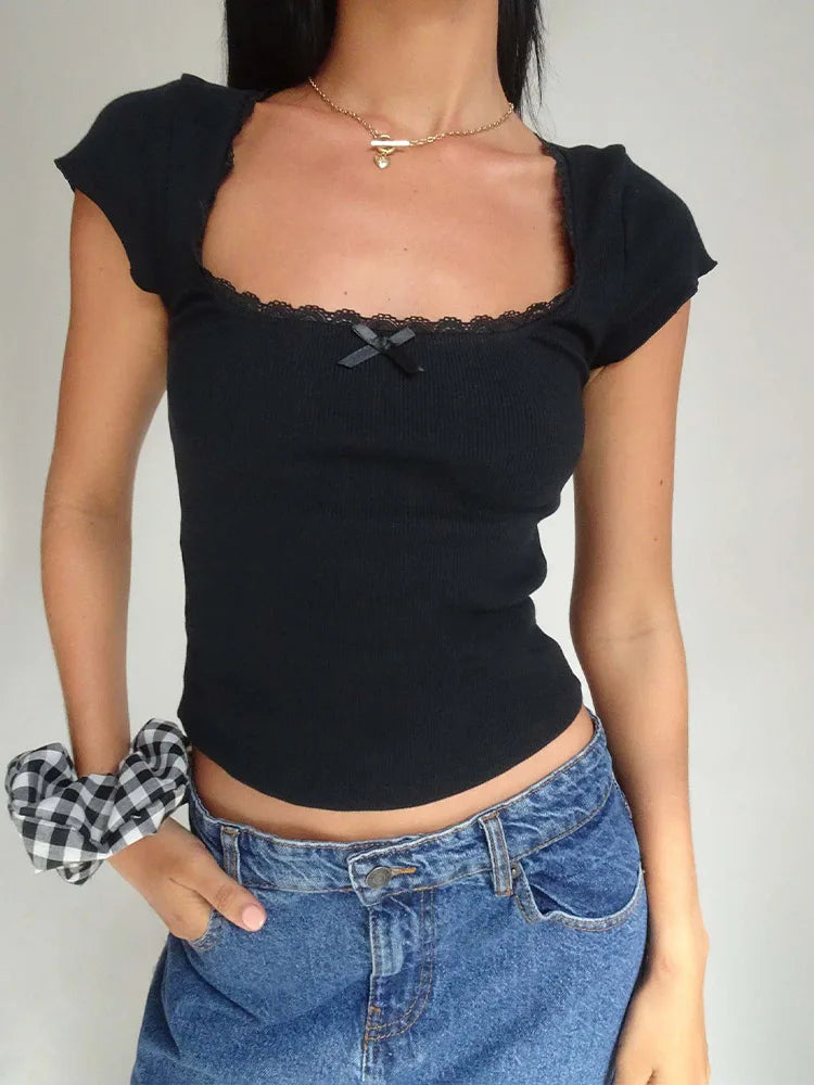 Y2K Milkmaid Lace Trim Crop Tee 🦸 | Square Neck Knit Baby Tee for Women