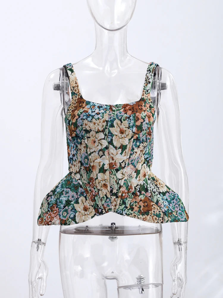 Sexy Print Sling Fishbone Corsets Women Backless Zipper Sleeveless Slim Tops Female 2026 Summer New Chic Evening Party Tanks