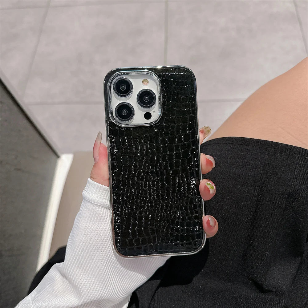 Luxury Glossy Crocodile Pattern Case For iPhone 18 17 Air 16 15 14 13 12 Pro Max Plus Plating Cool Armor Shockproof Bright Cover
