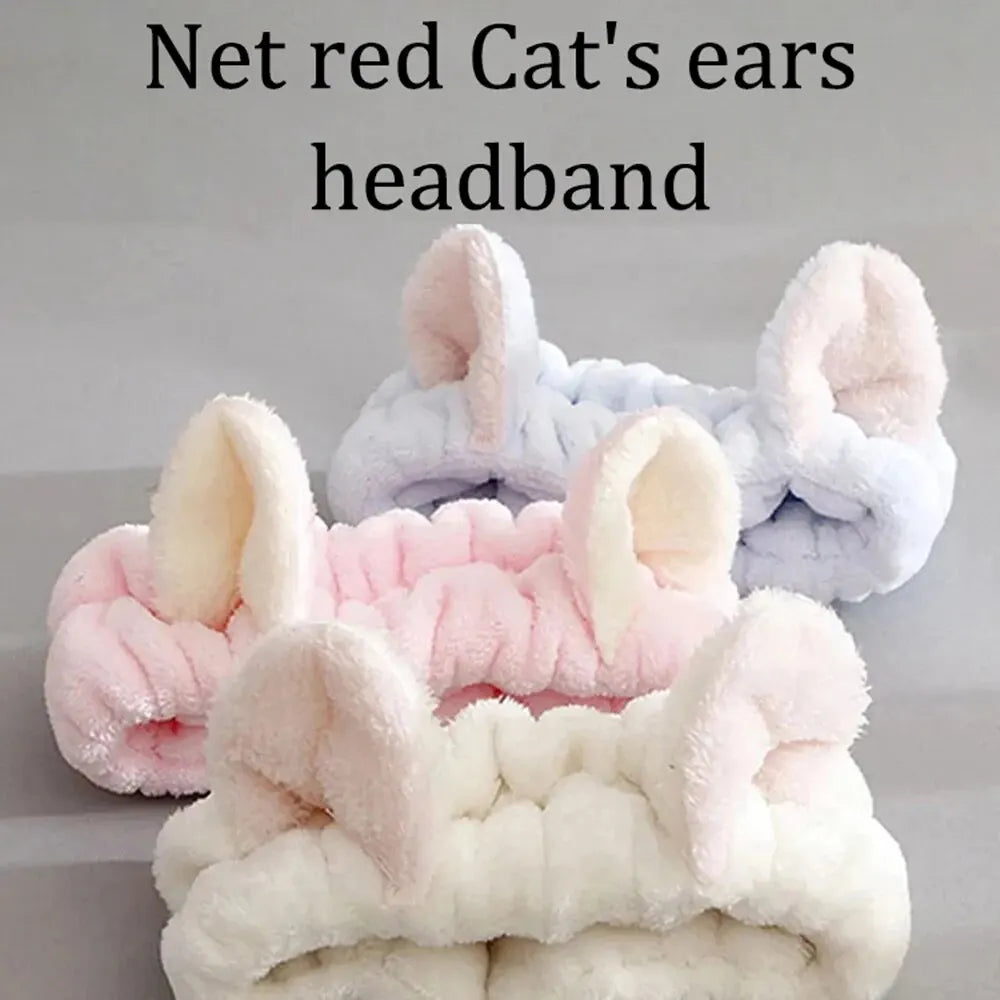 Cat Ear Plush Headband 🐱✨ | Cute Soft Coral Hair Bow Band for Women & Girls