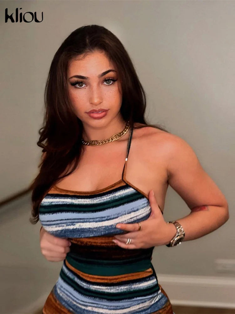 Panelled Striped Mini Camisole Dress 🔥✨ | Sexy Backless Slim Fit Clubwear Dress for Women