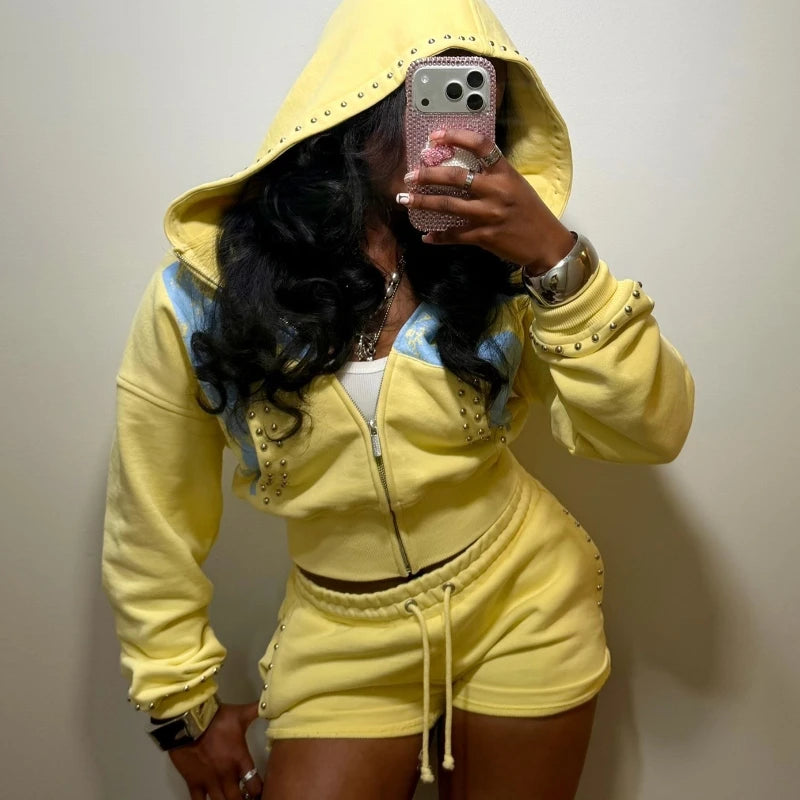 Y2K Graphic Hoodie & Shorts Co-ord Set 💫 | Women's Athletic Sweat Set
