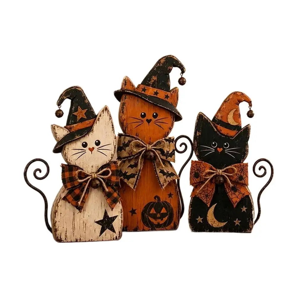 Halloween Wooden Ornaments Pumpkin Ghost Black Cat Halloween Decor Witch Hat Distressed Wood Figurine Tabletop Holiday Ornament
