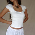 Y2K Milkmaid Lace Trim Crop Tee 🦸 | Square Neck Knit Baby Tee for Women