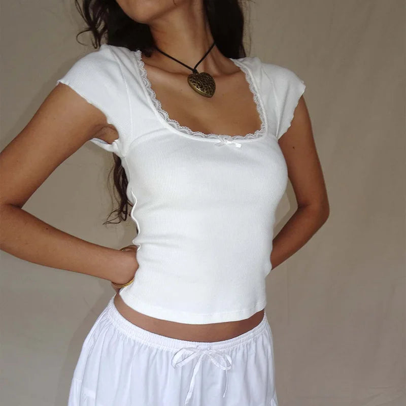 Y2K Milkmaid Lace Trim Crop Tee 🦸 | Square Neck Knit Baby Tee for Women