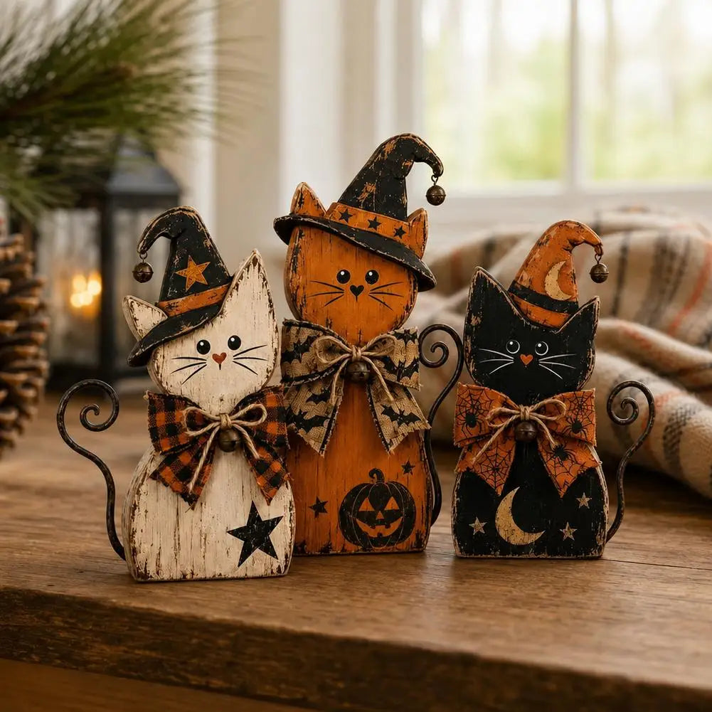 Halloween Wooden Ornaments Pumpkin Ghost Black Cat Halloween Decor Witch Hat Distressed Wood Figurine Tabletop Holiday Ornament